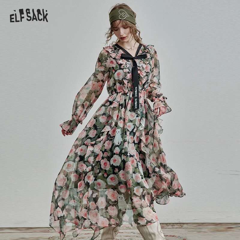ELFSACK 2025 Spring New Arrivals French Elegant Print Bow Tie Chiffon Pleated Ruffles Vacation Long Dress