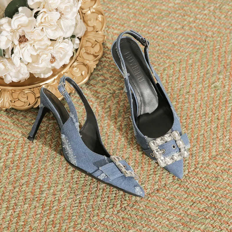 Wen Sexy Blue Denim Rhinestone High H Summer Korean Fashion Sandals Pointed Toe Thin H Pumps Par Dress Casual Shoes Z250326