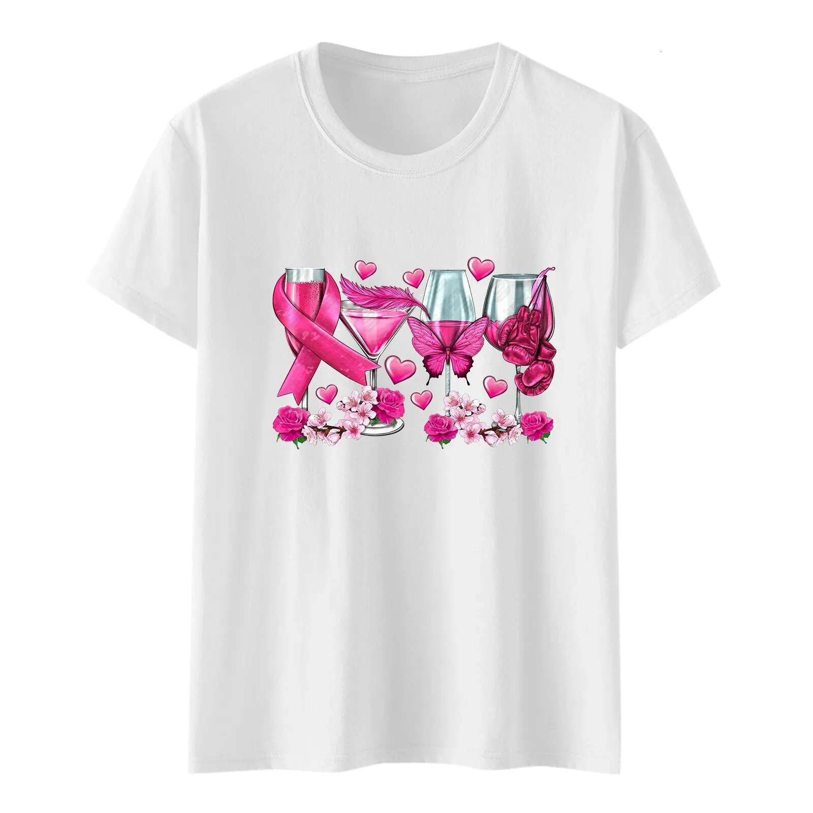 Ddmyshoesvip Breast Cancer Awareness Women T Shirt Cup Butterfly Ribbon Print Short Sleeve T Shirt Pink October Graphic Tees Tops