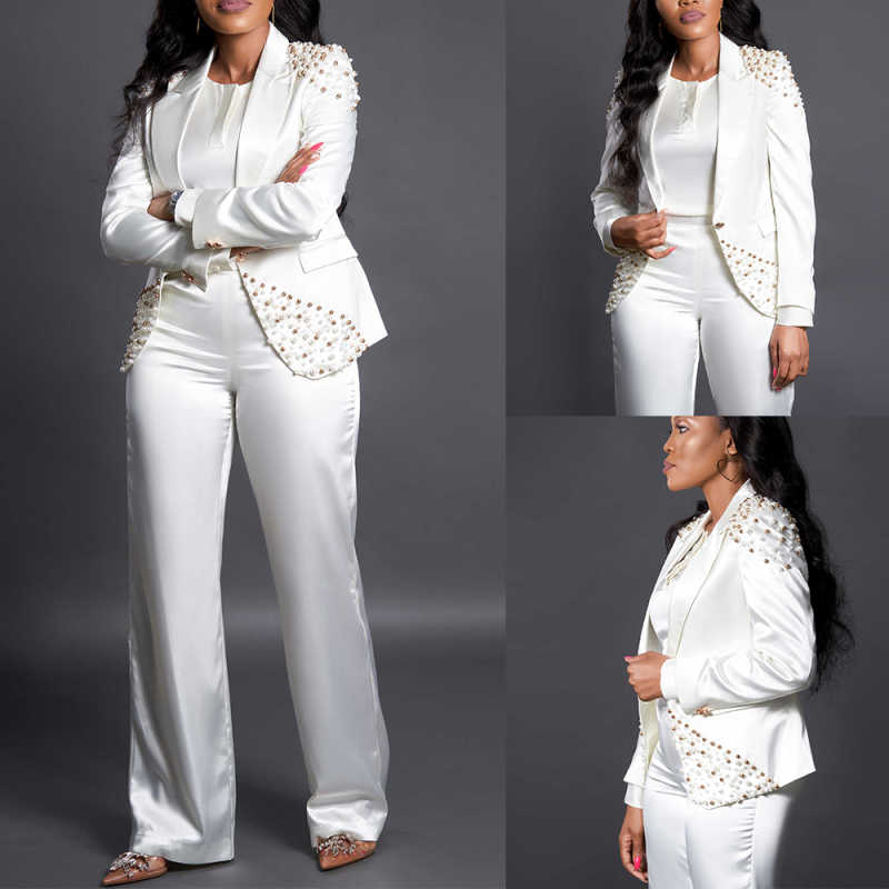 Plus Size Beauty Women Pants Suits Pearls Beads Long Sleeve Ladies Prom Birthday Party Formal Wear Outfit 2 Pieces