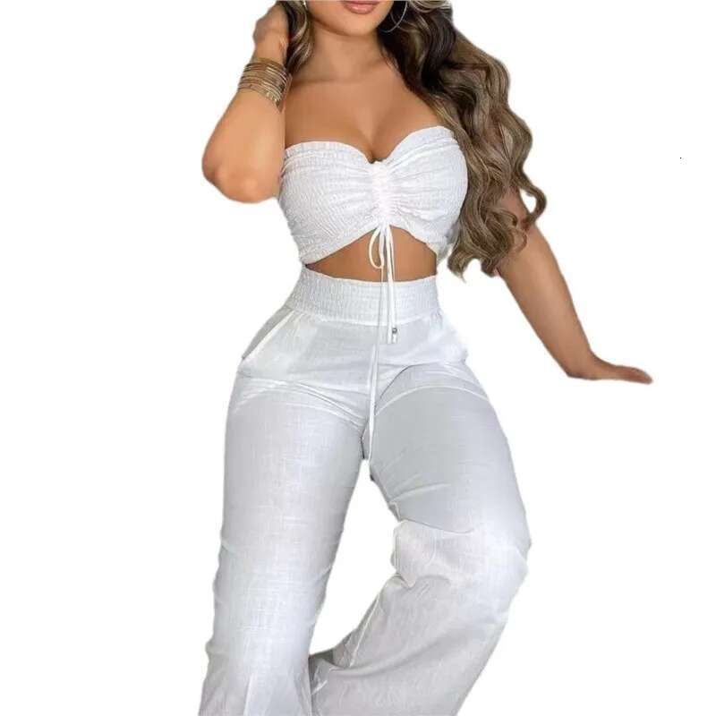 Sexy Women's 2-piece Sets Spring Summer White Waistless Slim-fitting Bandeau Wide-leg Trousers Fashion Suit Women Clothing