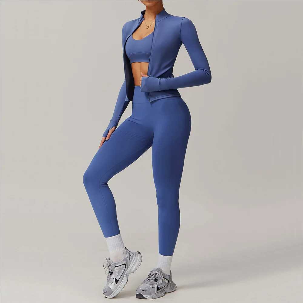 Yoga set 2PCS sports set womens gym set womens track and field suit running exercise zipper long sleeved yoga suit sportswear W250326