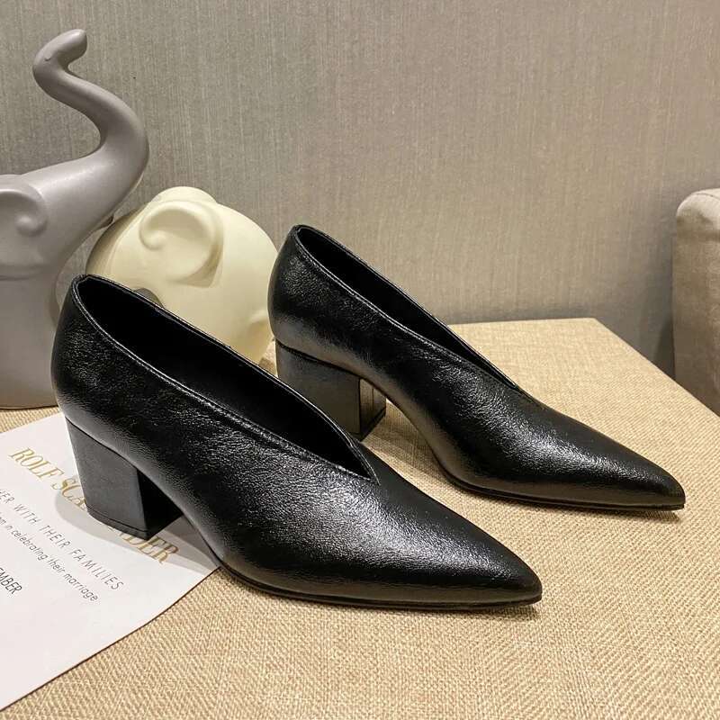New Spring Autumn HIgh Heel Elegant Chunky High Heeeled Pumps Sexy Pointed Toe Evening Women V Cut Shoes c324