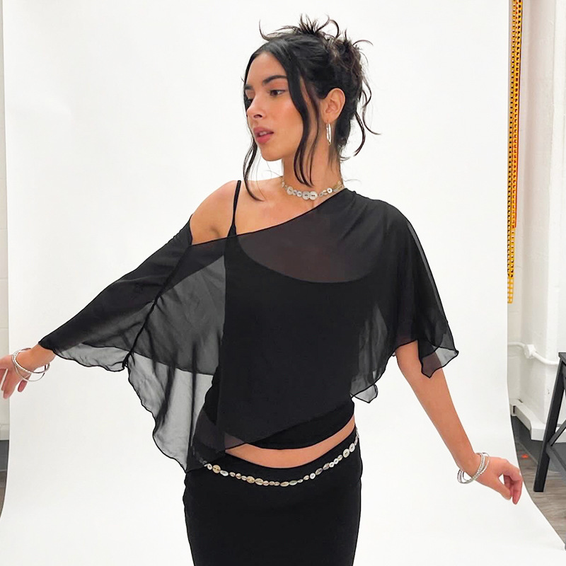 2025S Fashion Designer Q TP Style Women S Autumn And Winter Camisole Diagonal Cross Mesh Transparent Irregular Top T Shirt