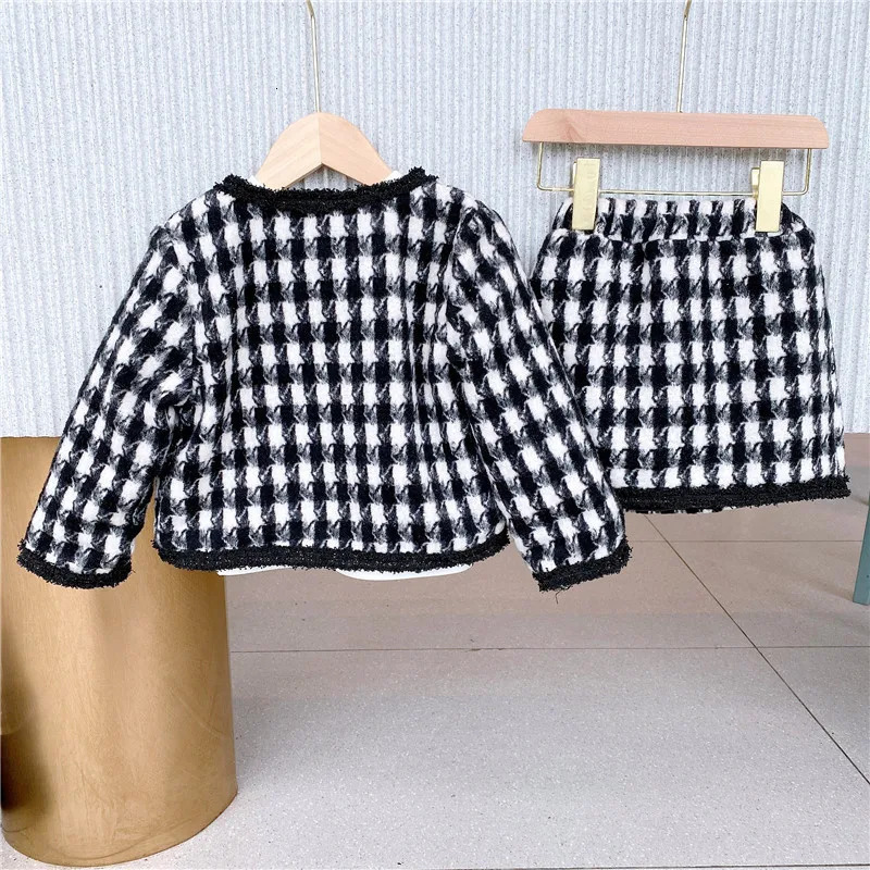 Tweed Kids Clothing Sets Spring Girls Elegant Small Plaid coat Skirt Two-piece Set Baby Dresses 250325