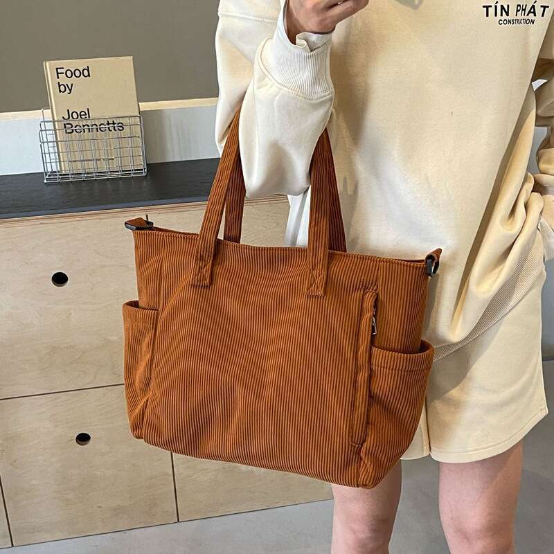 9e New corduroy tote for women's commuting, large capacity student class, single shoulder handbag, minimalist work crossbody bag