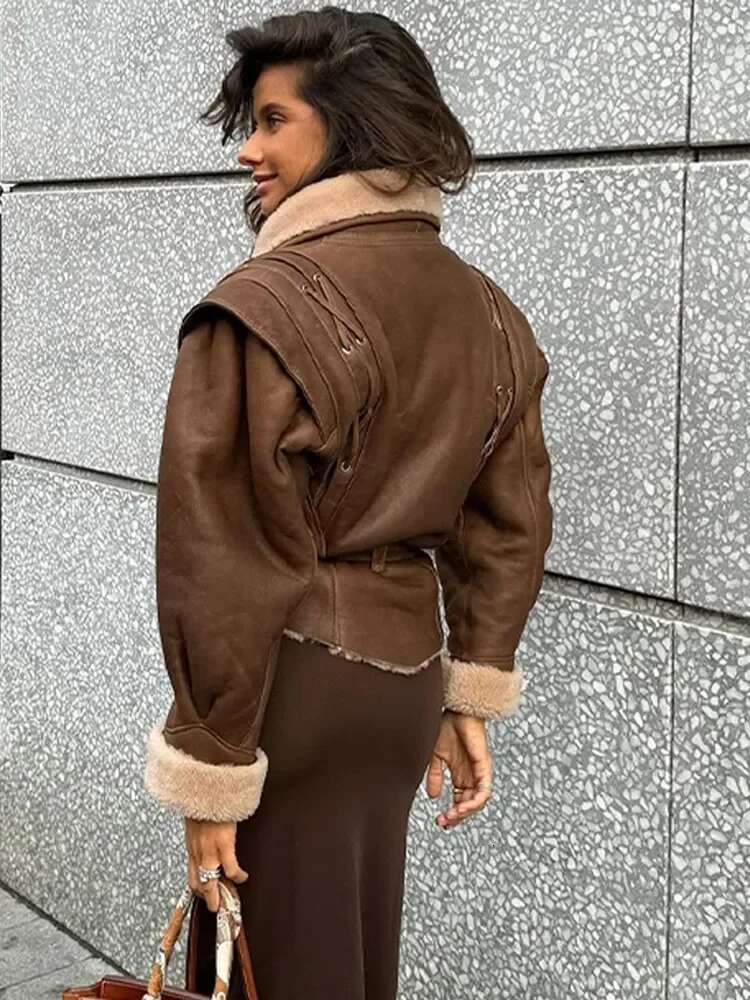 Faux Fur Women's Jacket Street Vintage V-Neck Long Sleeve Belt Female Coat 2024 Winter Thicken Patchwork Chic Hem Lady Outwears