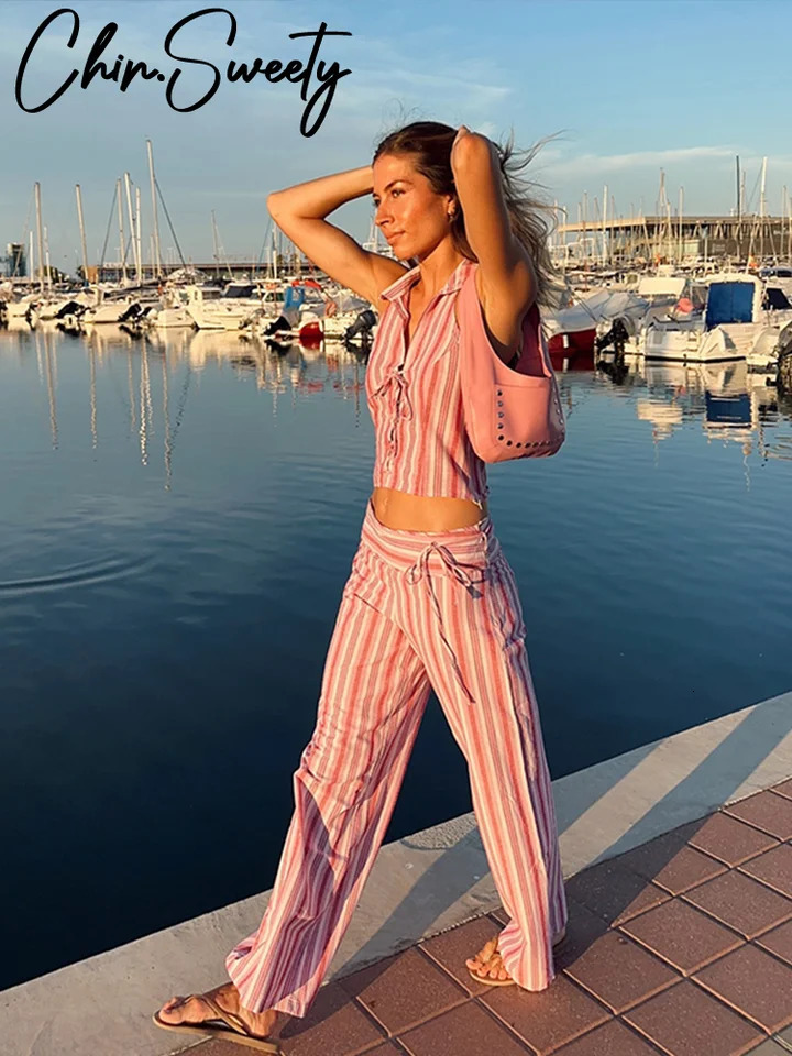Striped Lace Up Vest Pants Set Women Slim Sleeveless Backless Top Trousers Sets Female 2025 Summer Lady Streetwear Outfit 250325