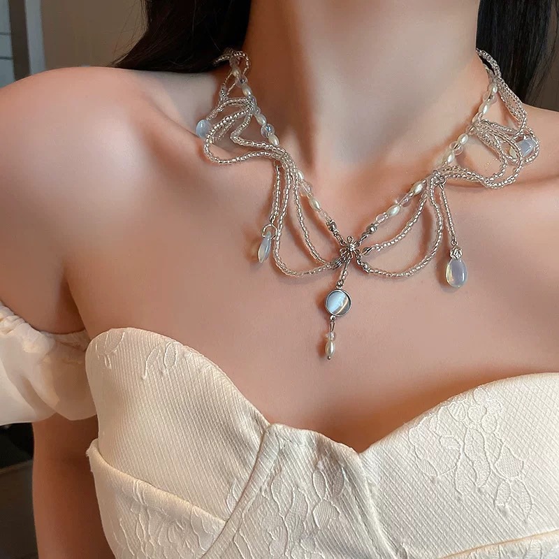 Bohemian Layered Tassel Necklace with Imitation Pearl and Moonstone Charms for Both Neckwear and Hair Accessories