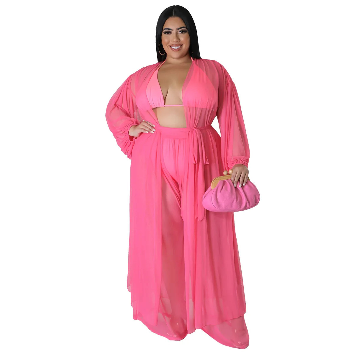 Plus Size Loose Sheer Mesh Two Piece Set Summer Women Clothes Beach Style Long Sleeve Cardigan Cover-ups Pants 2 Pieces Set 250324