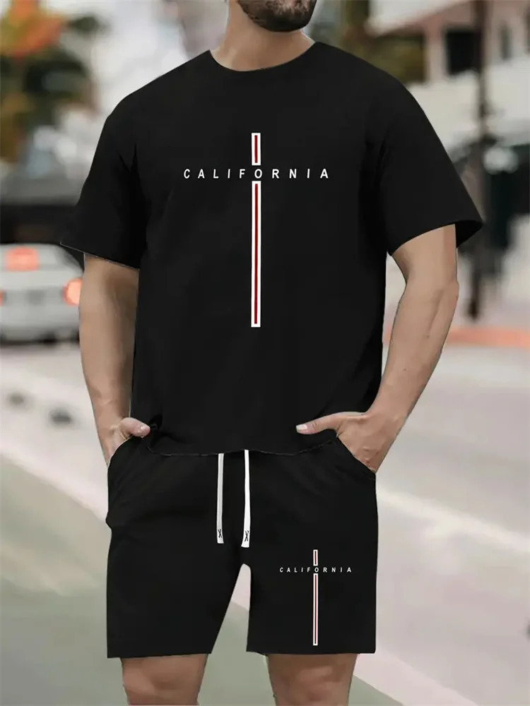 summer solid color letter printing set casual sportswear mens office set short sleeved T-shirt street simple two-piece set 250324