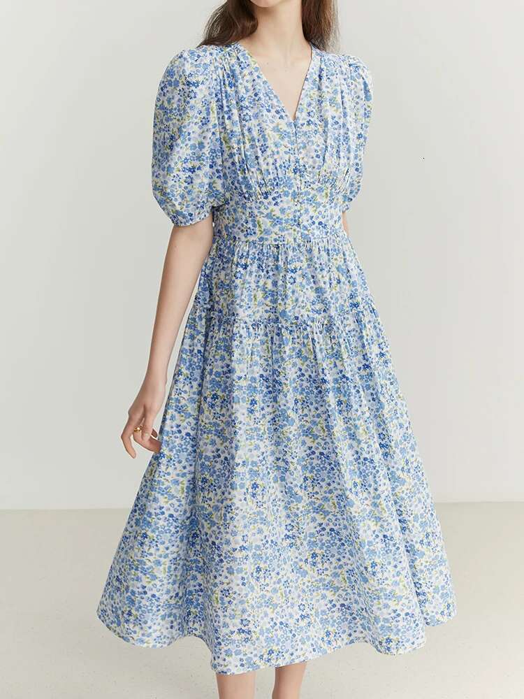 FSLE Blue Romantic ral Dress Women Elegant Vintage High Waist V-neck Puff Sleeve Summer Printing Female Cotton Long Skirts