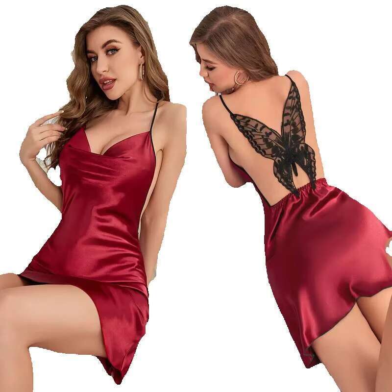 Summer Sexy Women's Home Sleepwear Night Dress Soft Lace Pyjamas Butterfly Backless Slip V-Neck Silk Satin Comfortable Set