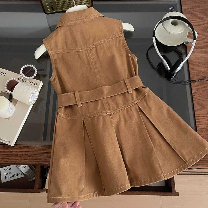 2024 Summer New Womens Cowboy Dress Belt Decoration Collar Sleeveless Tutu Princess Dress 2-10 Year Childrens Fashion Dress W250326