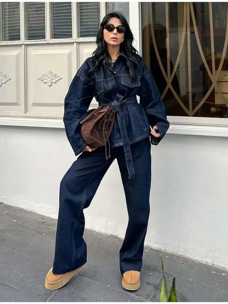 Vintage Women With Belt Denim Jacket Pants Set Single Breasted Long Sleeve Jackets Wide Leg Jeans Lady Street Outfits 2025