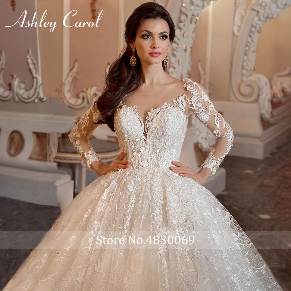 Ashley Carol Ball Wedding Dress Long Sleeve Lace Bride Dresses Beaded Appliques Bridal Gown Vestidos De Novia