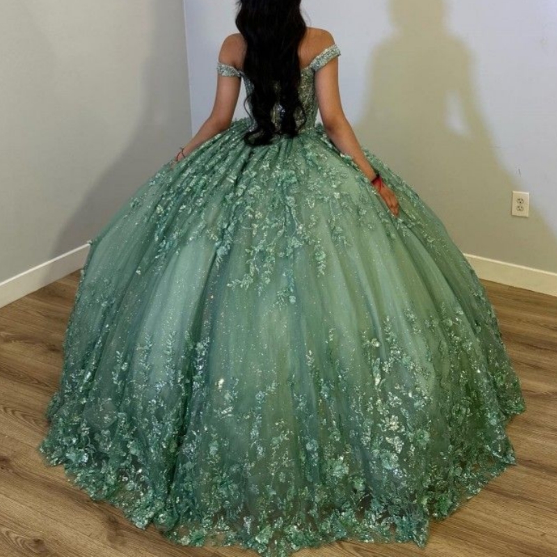 Mint Green Shiny Off The Shoulder Quinceanera Dresses Sequin Applique Lace Beading Tull Vestidos De 15 Anos Birthday Party Corset Ball Gown Sweet 16 D