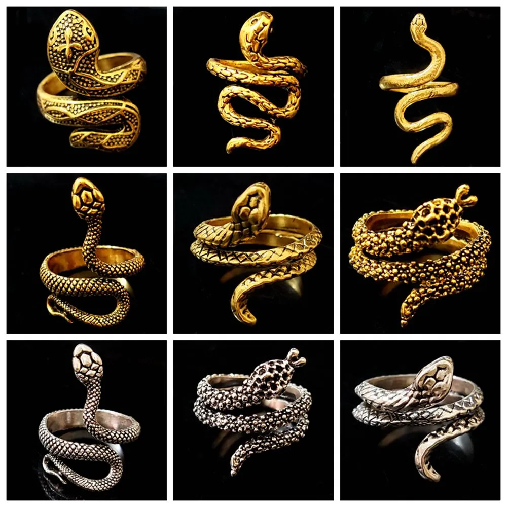 100pcs/lot Exaggerated Antique Punk Style Animal Snake Ring Gold Silver Black Mix Hip Hop Rock Fashion Ring Party Jewelry Unisex LL