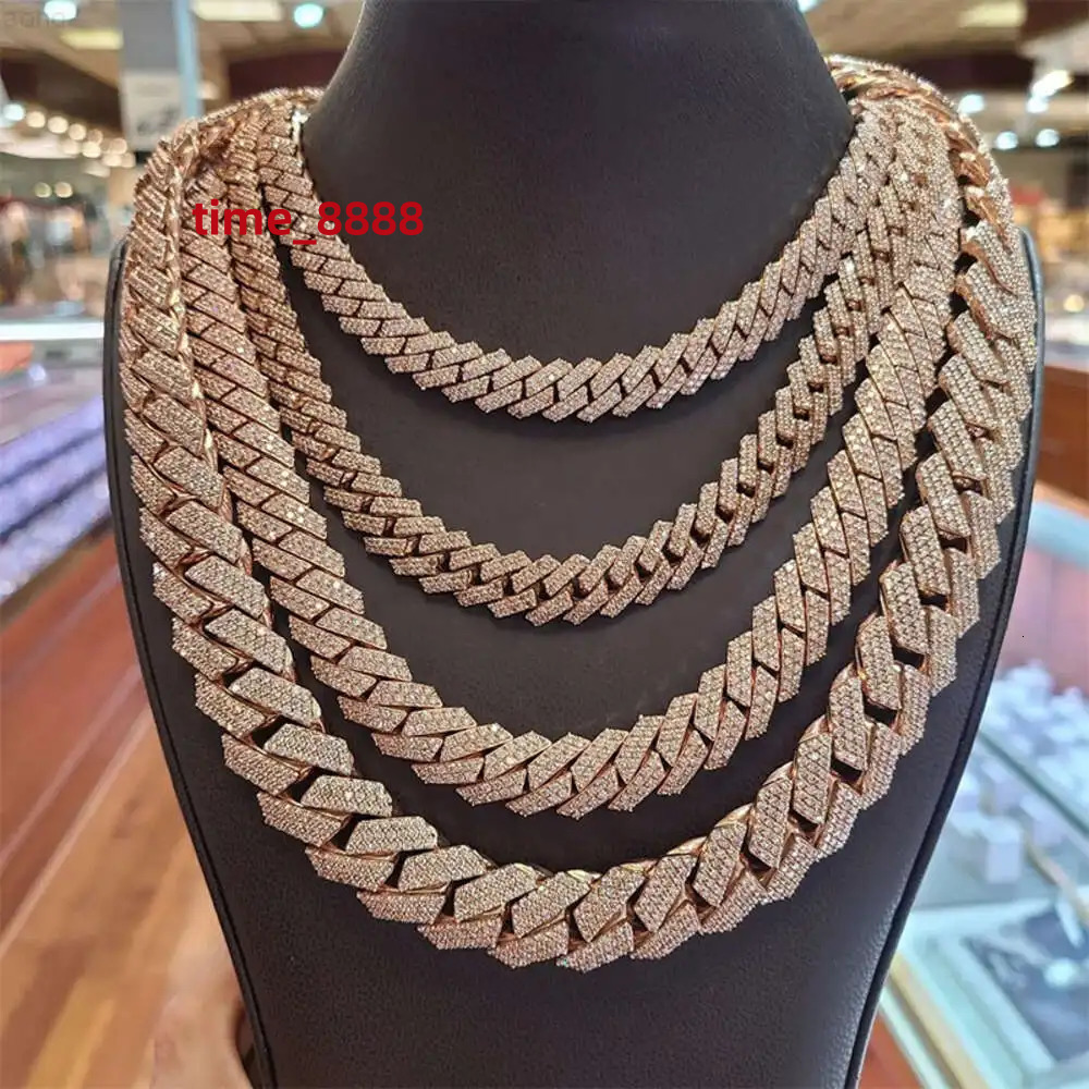 Hip Hop 2 Row 10mm Vvs d Color Moissanite Silver 925 Plated 18k Rose Gold Moissanite Cuban Link Chain for Man