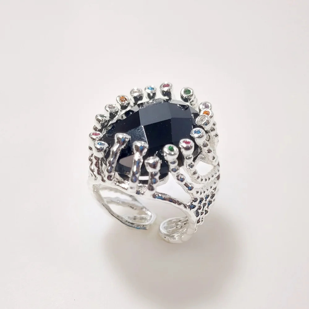 FUWO wholesale 5pcs natural obsidian ring gold/silver plated colored zircon crystal ring suitable for womens jewelry RG057O 250322