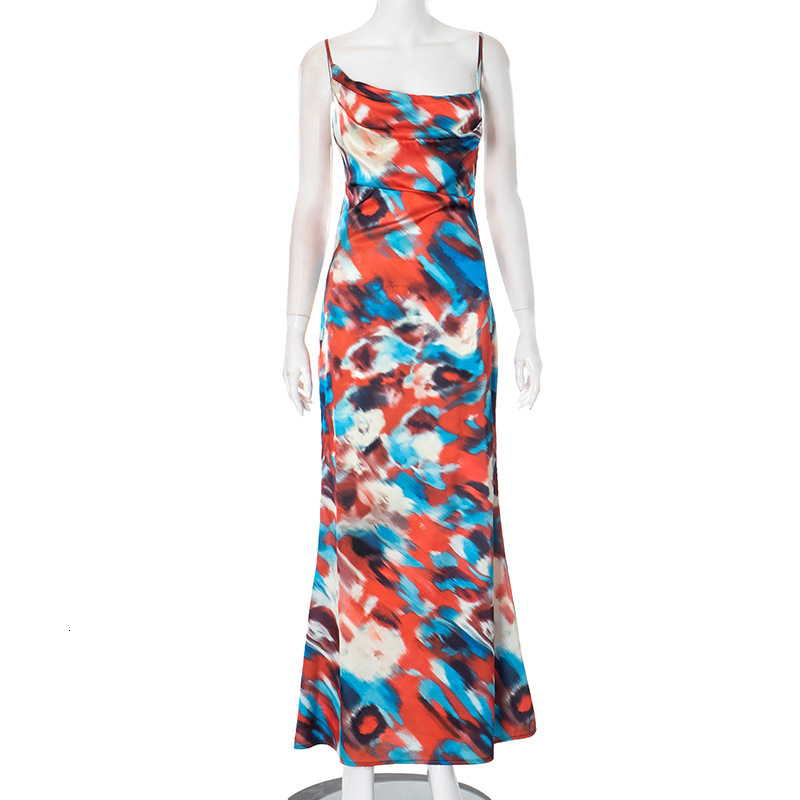2025S Fashion Designer Y DS Women S Autumn And Winter Camisole Color Blend Printed Iron Buckle Hollow Out Backless Pleated Dress