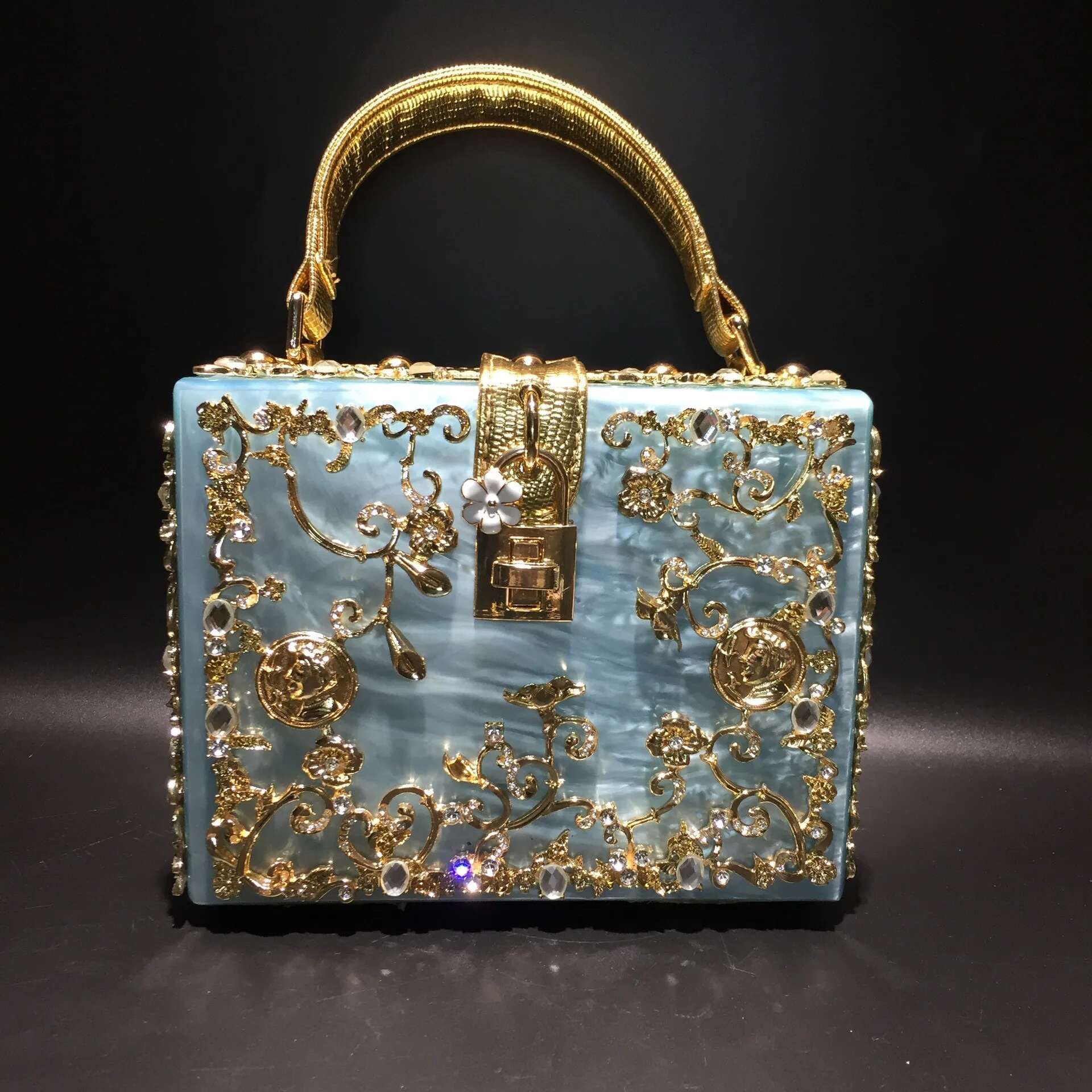 Acrylic Banquet Bag, Hollow Metal Carving With Dia Inlay, Handbag, Single Shoulder, Slng Back For Ladies