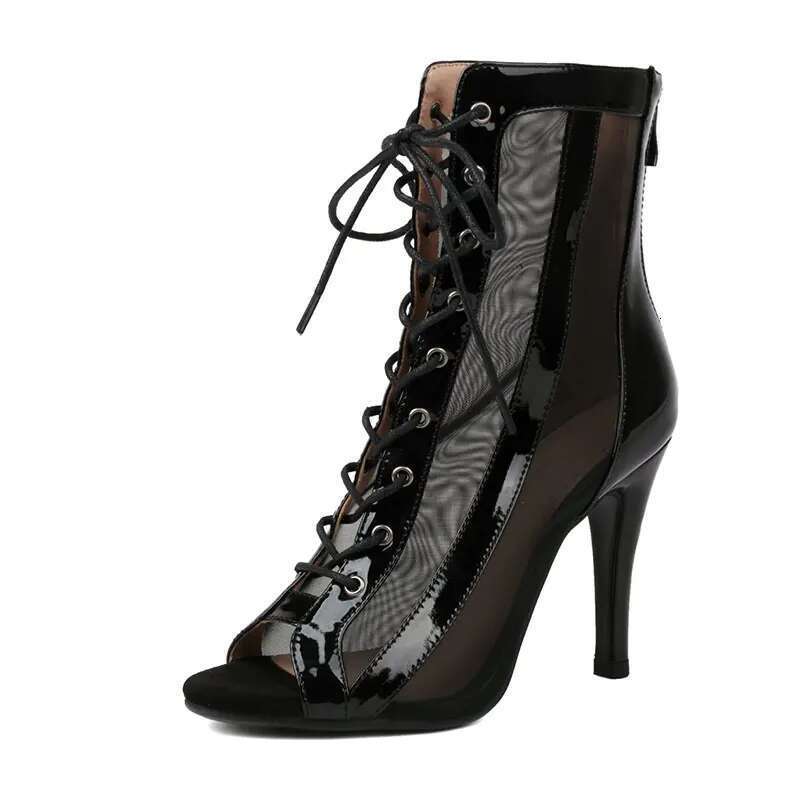 High Heel Sgesvier Lace Up Hollow Out Jazz Short Boots Breathable Mesh High Top Dance Shoes For Women Latin Dance