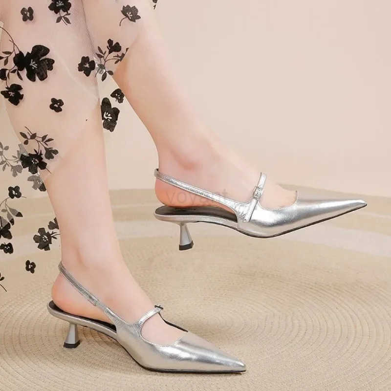 2024 New Summer Wens Sandals French High H Pointed Toe Temperament Baotou Sandals One-Buckle Back Emp Sandals 35-42 Z250326