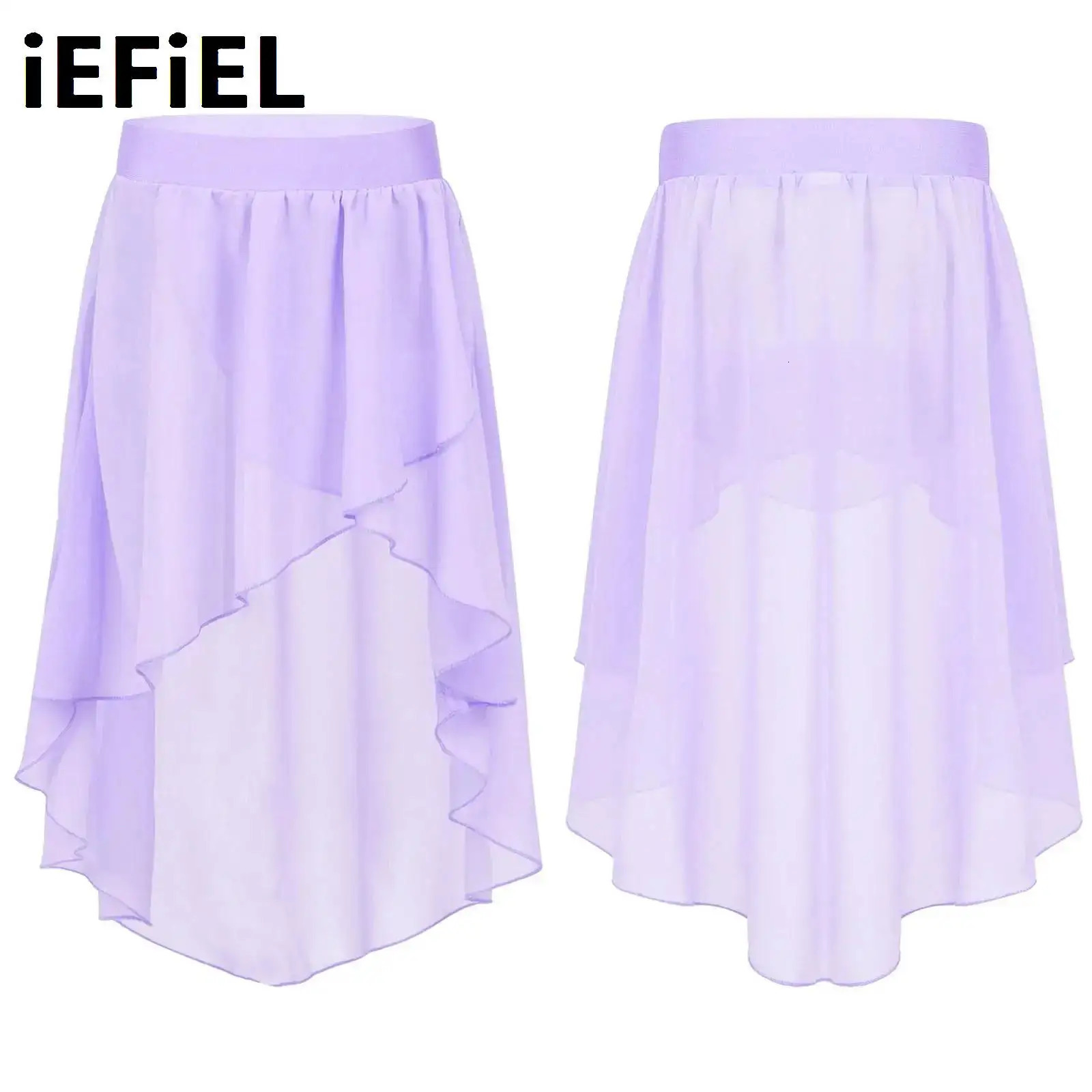 Kids Girls Chiffon Dance Skirt High-Low Elastic Waistband Chiffon Skirt for Ballet Jazz Dance Studio Practice Performance 250326