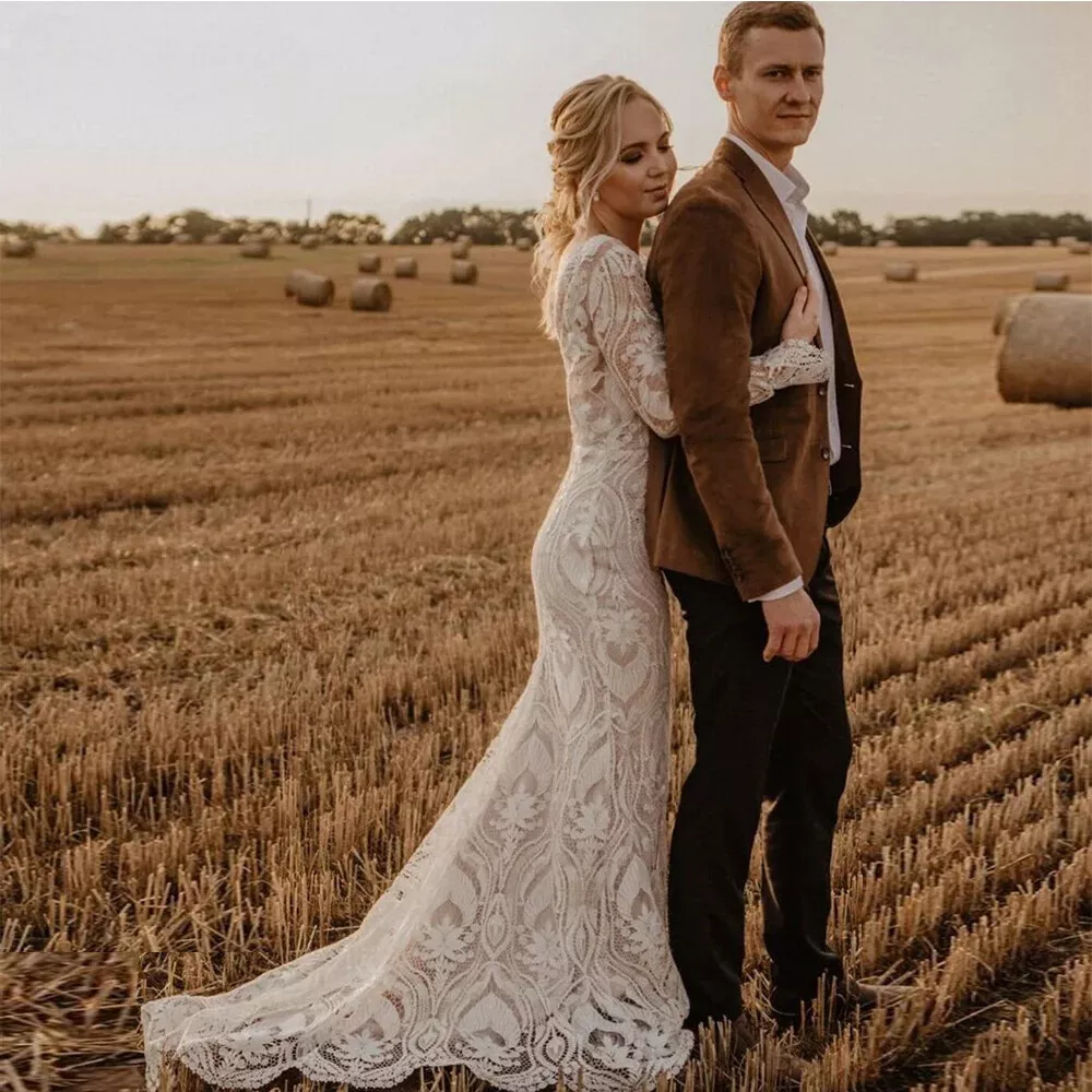 Full Lace Mermaid Wedding Dresses Long Sleeves Boho Bridal Gown Sexy Backless Country Bride Dress Vestido De Novia Ivory & Champagne lining