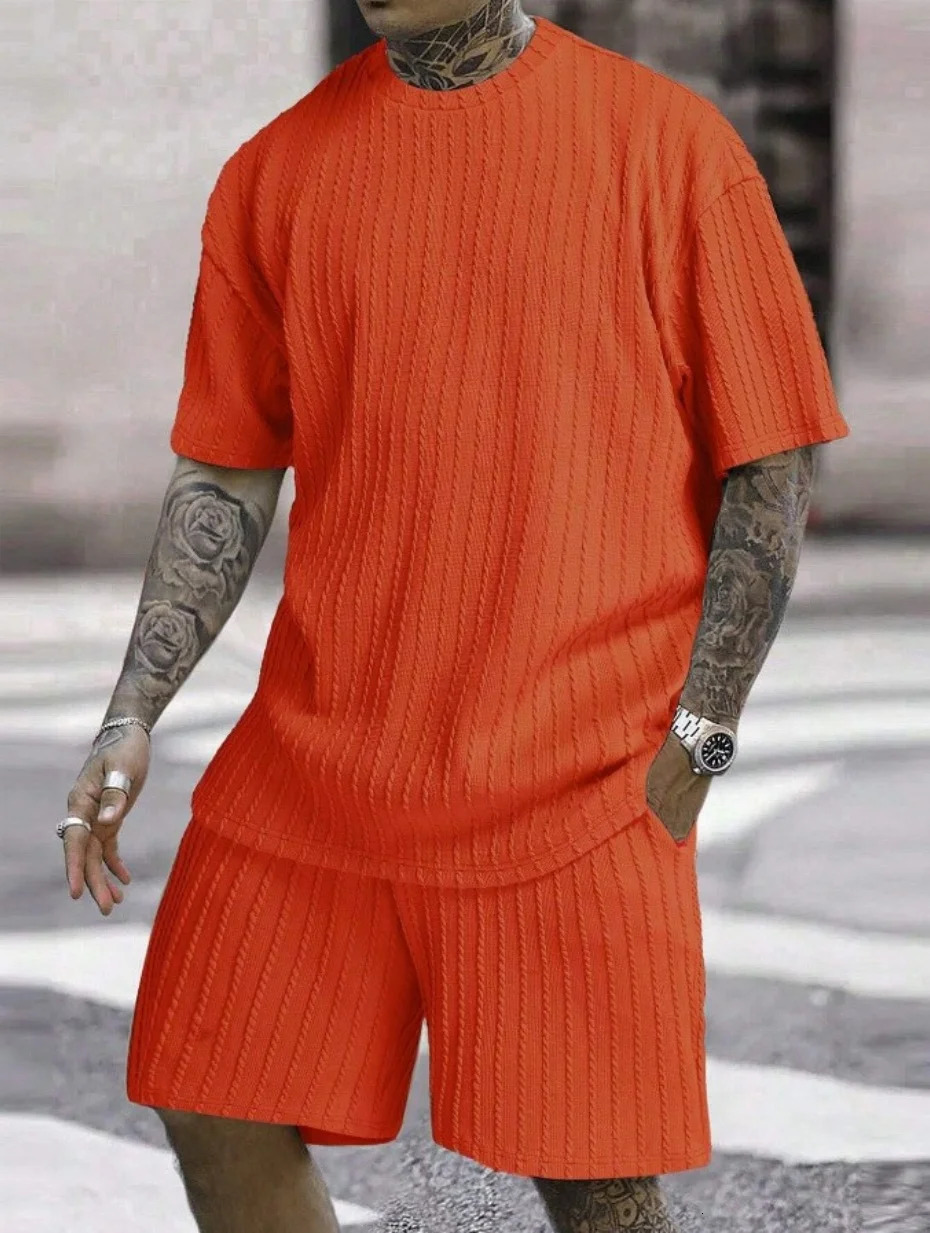 Mens Knitted Short Sleeve and Set Solid Color Casual Lightweight Beach Wear with Elastic Waist 250326