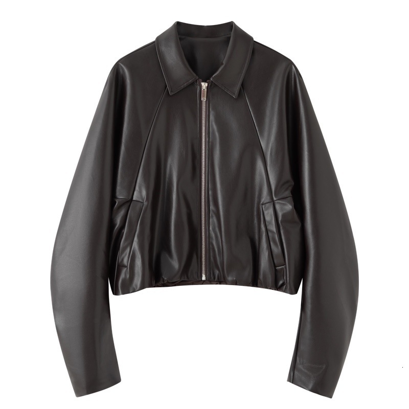 5FA214201 new clothing Milan fashion Korean version coffee colored leather jacket women's casual versatile