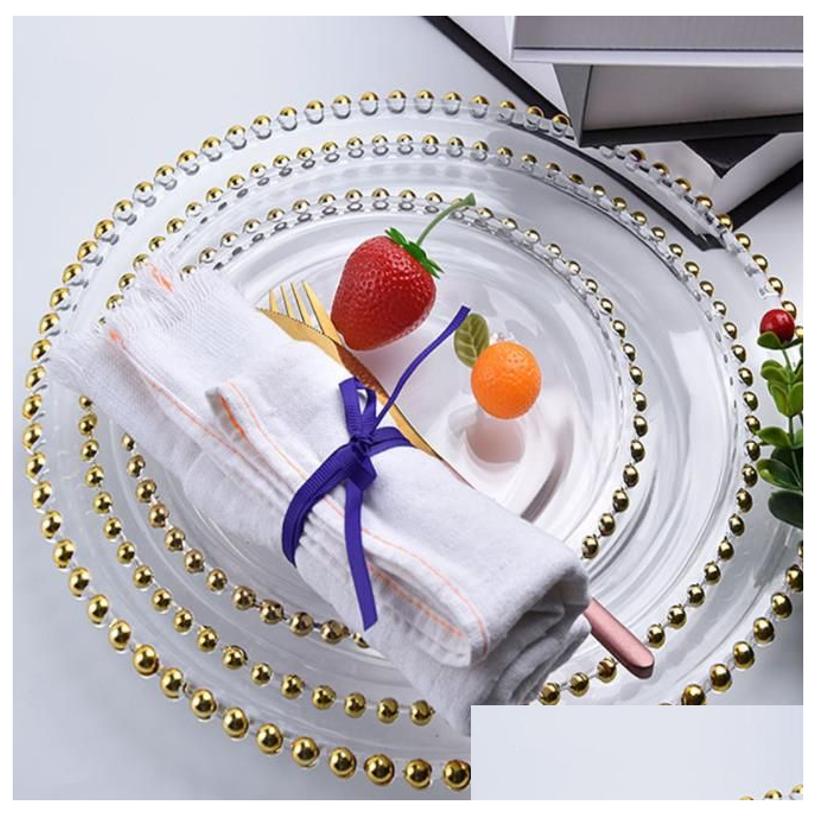 Dishes & Plates Stocked 13Inch Round Wedding Clear Silver/Gold Glass Beaded Charger Pates Plate For Table Decoration Drop Delivery Hom Otc2R