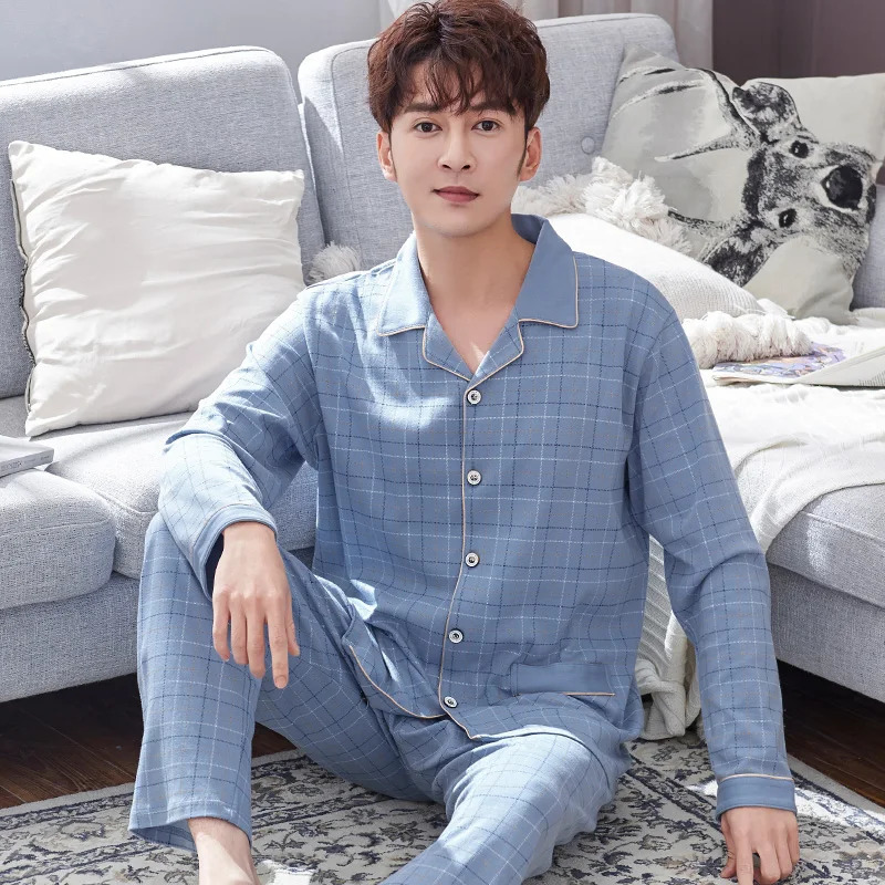 Winter pure cotton sleepwear set mens button down warm sleepwear Hombre pure cotton sleepwear PJ gray plain sleepwear plus size 250321