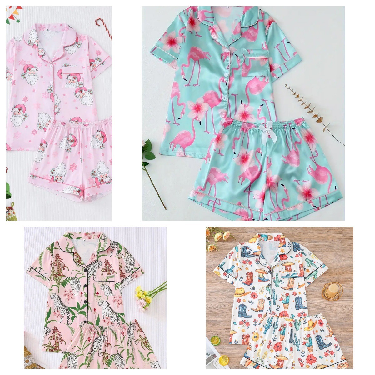 Hot selling flamingo ice silk pajamas set, casual cartoon monkey printed home clothes, loose fit