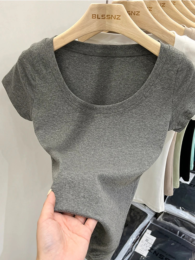 sexy square neckline ultra-thin T-shirt for womens cotton elastic basic solid womens casual top short sleeved ultra-thin T-shirt 250321