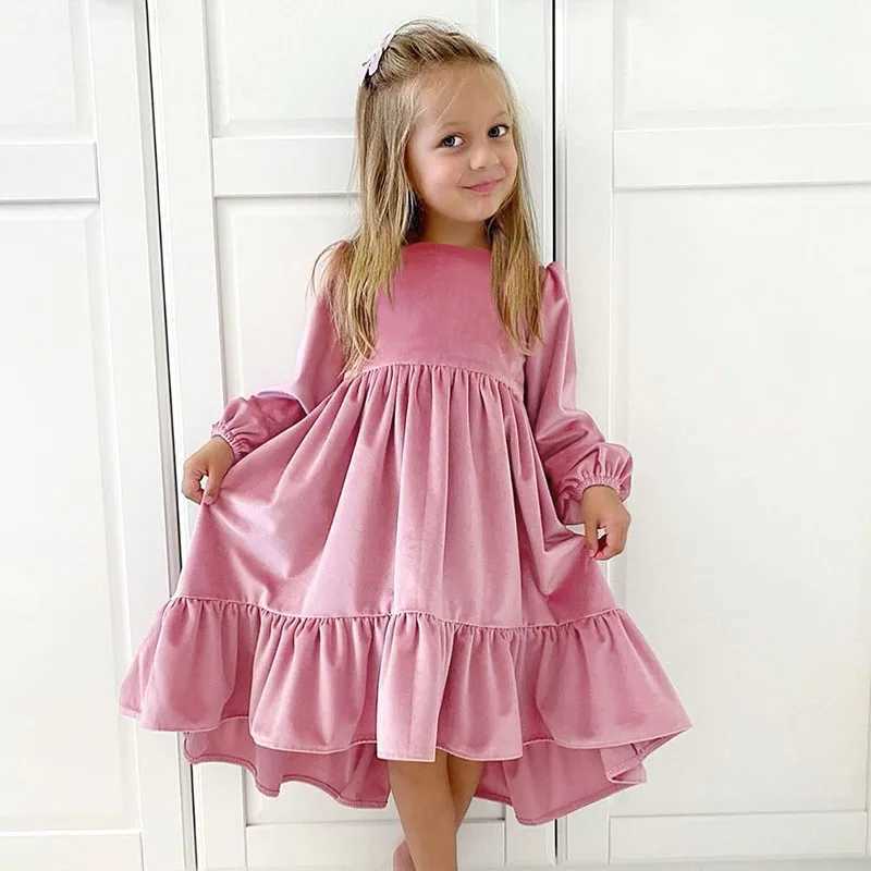 New 7-12-year-old girls spring and autumn winter velvet long sleeved pleated hem dress princess children Par dress childrens clothing W250326