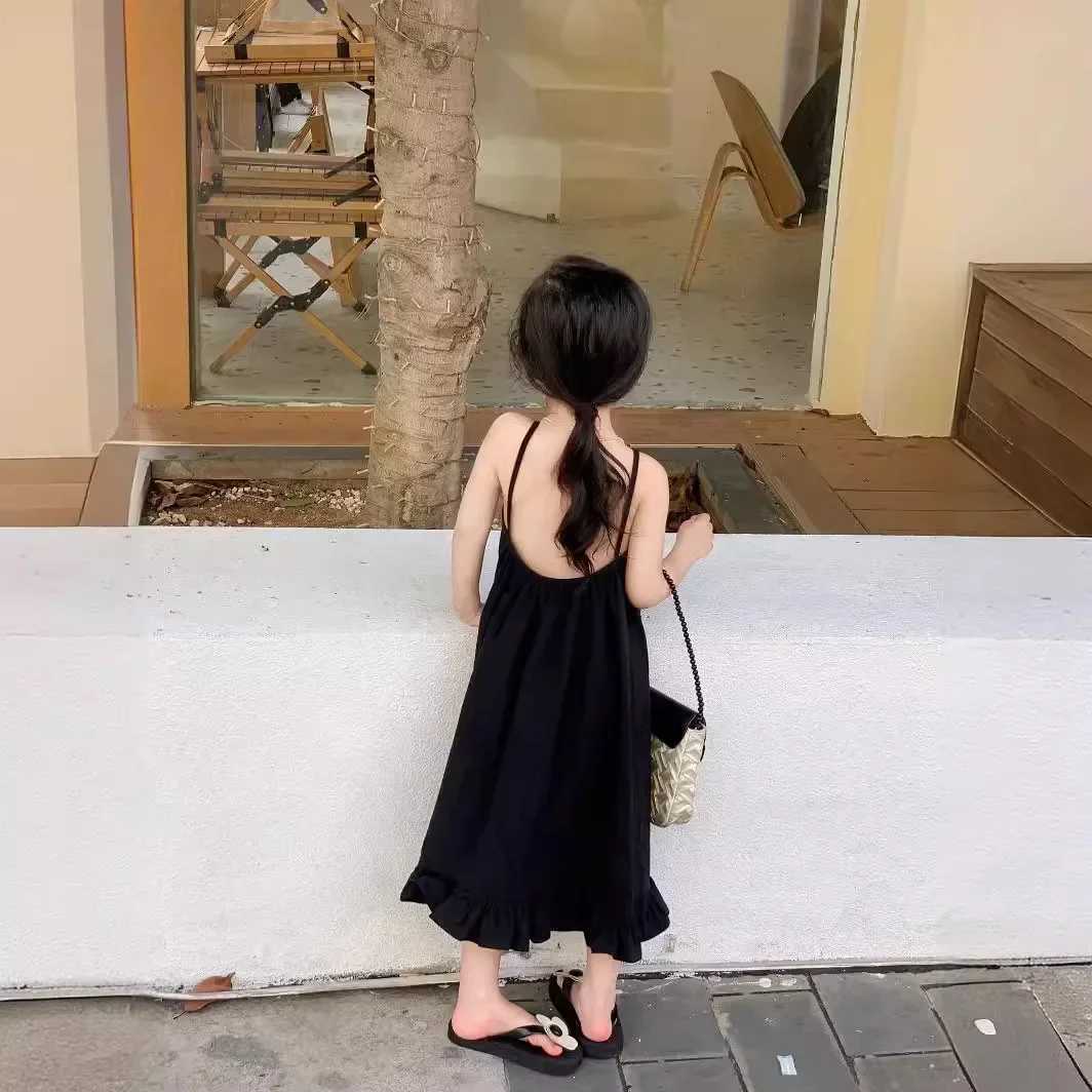 Girls dress Korean 2024 summer new solid color sun dress vacation backless sexy spicy girl baby fashion childrens summer clothing W250326