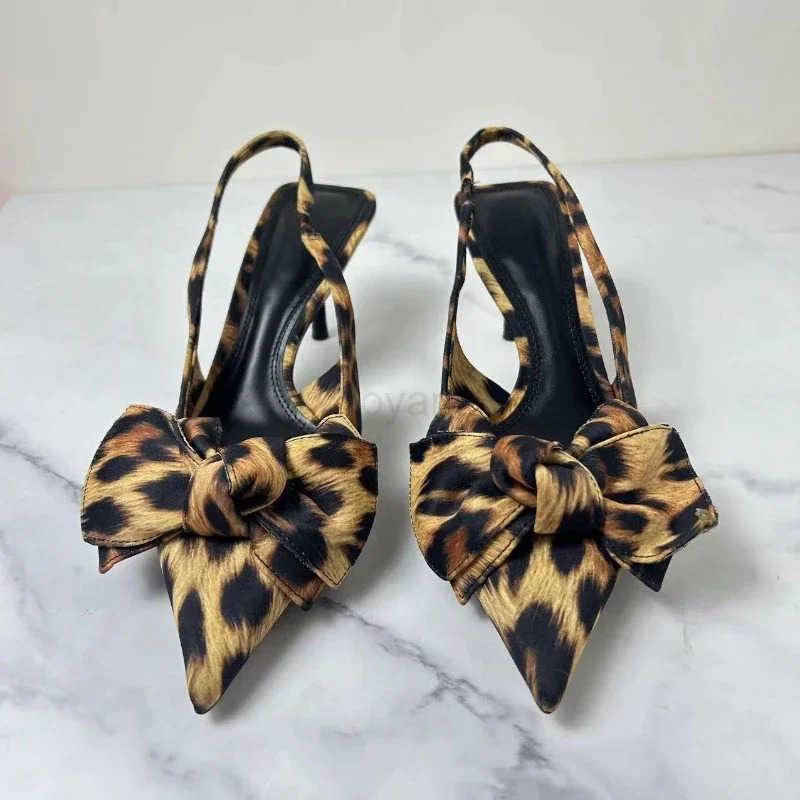 Big Bow Shallow High H Sandals for Lady Fashion Pointed Sexy Stiletto Leopard Print Summer Retro Par Luxury Shoes Wan Z250326