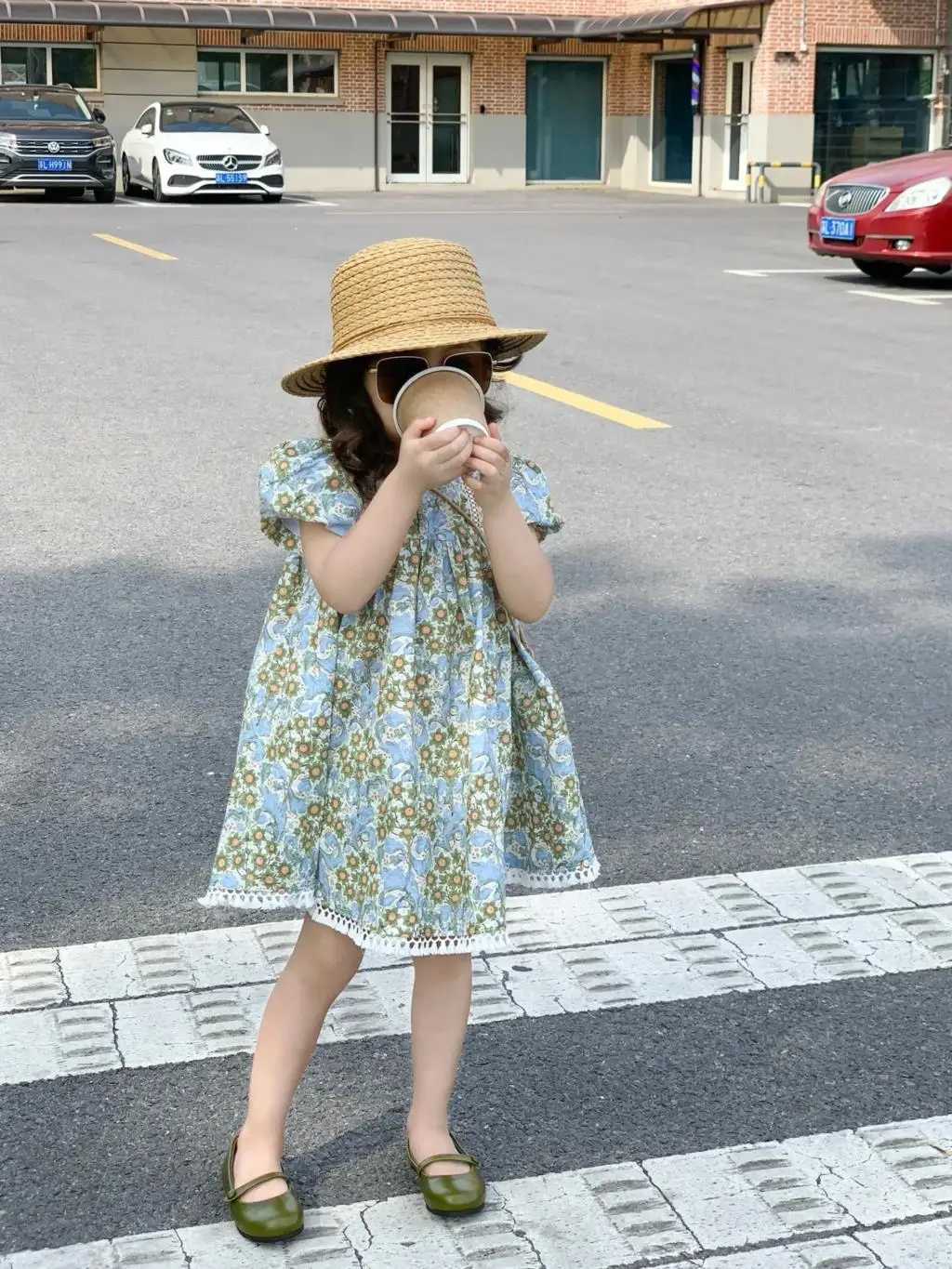 2025 Summer Children Girls Dress Blue Floral Printed Princess Baby Girls Dress Casual Loose Short Puff Sleeve Toddler Girl Dress W250326