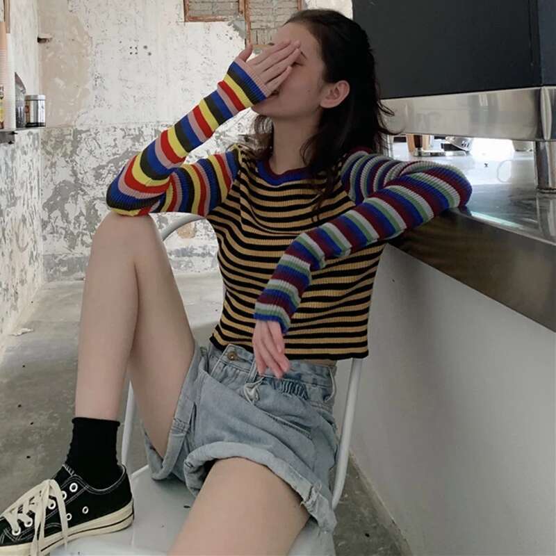 Ddmyshoesvip Striped Knitted Autumn Women Student Wind Casual Wild Slim Short T Shirt Female Crop Tops Long Sleeve T Shirts