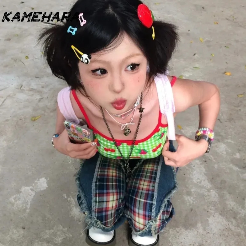 KAMEHARA Y2K Summer Sweet and Spicy Cherry Apple Printed Vitality Weight Loss Camis Dopamine Fruit Checkered Vacation Style Tank 250321