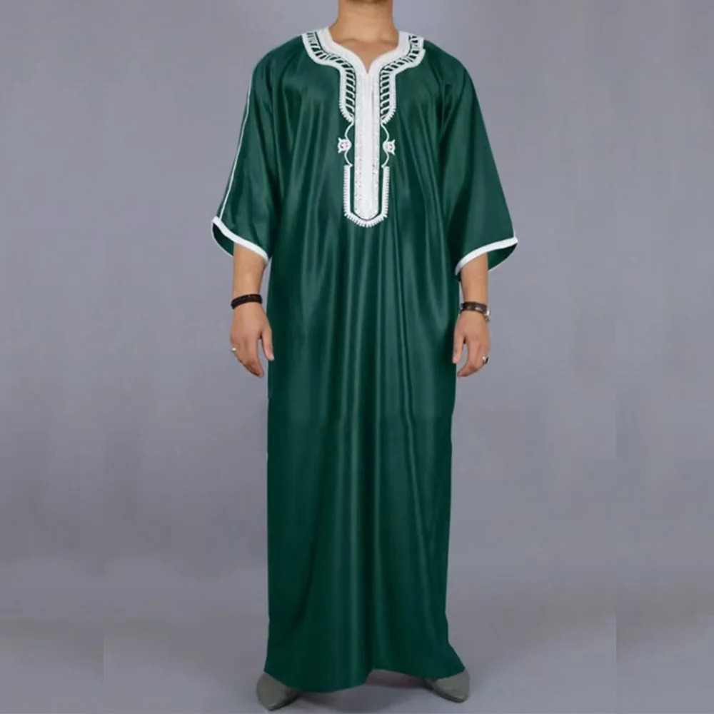 Islamic Loose Abaya Mens Muslim Abaya Short Sleeve Embroidered Moroccan Arabic Style Traditional Abaya for Men 250326