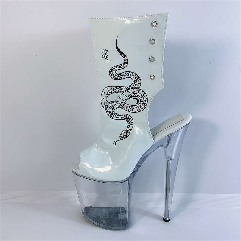 High Heel Cm Summer Round Headed Rattlesnake Pattern White Transparent Sole Women S Short Fish Mouth Boots All Waterproof Platform Low Tube