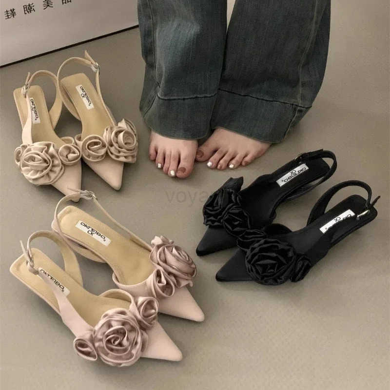 Elegant Wan Sandals High Heeled Sweet Rose Closed Toe Footwear 2024 Summer Slingback Pointed Fashion Dress Ladies Shoes Z250326