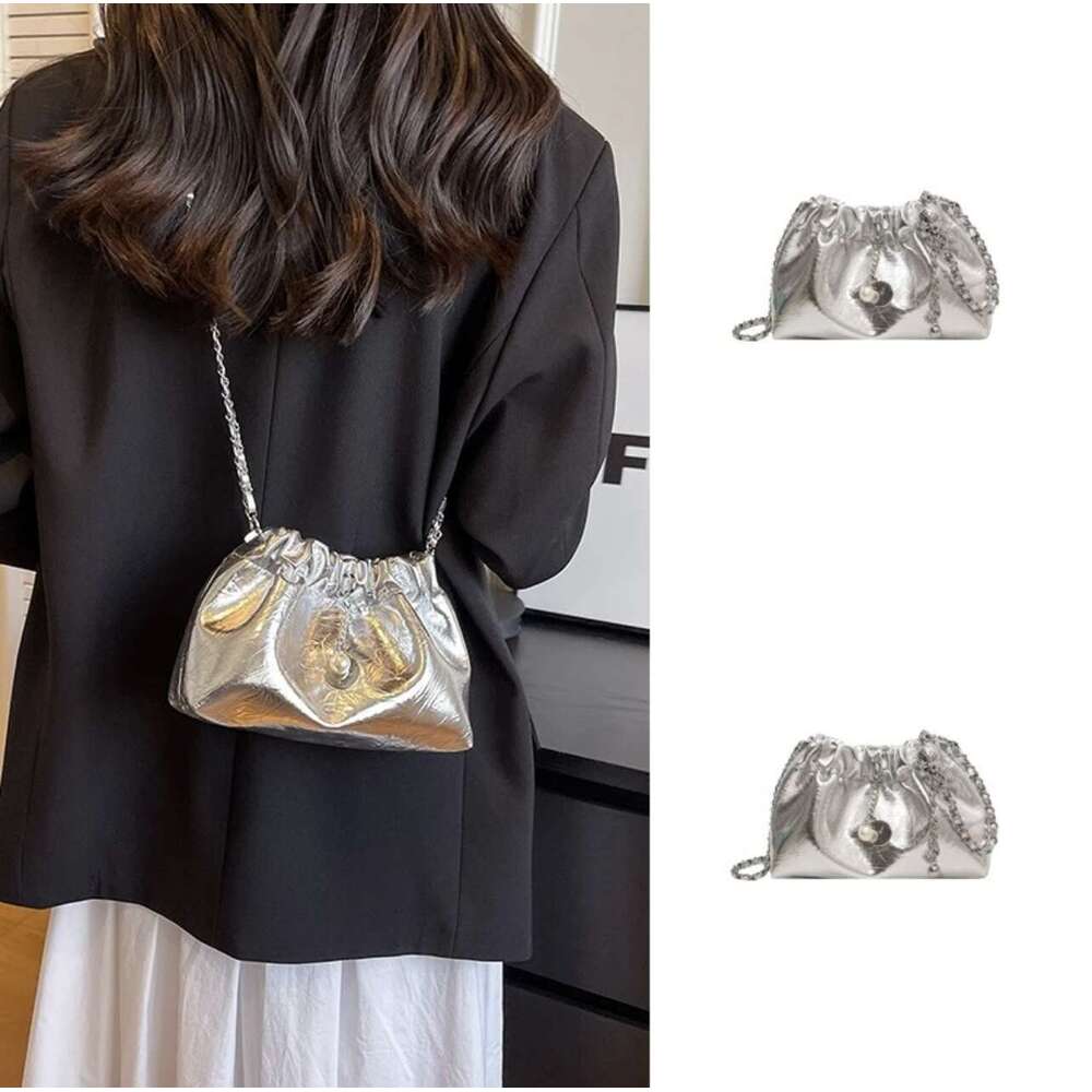 Summer haute couture, niche, versatile diagonal chain women's 2024 new silver drawstring bucket bag, cloud bag