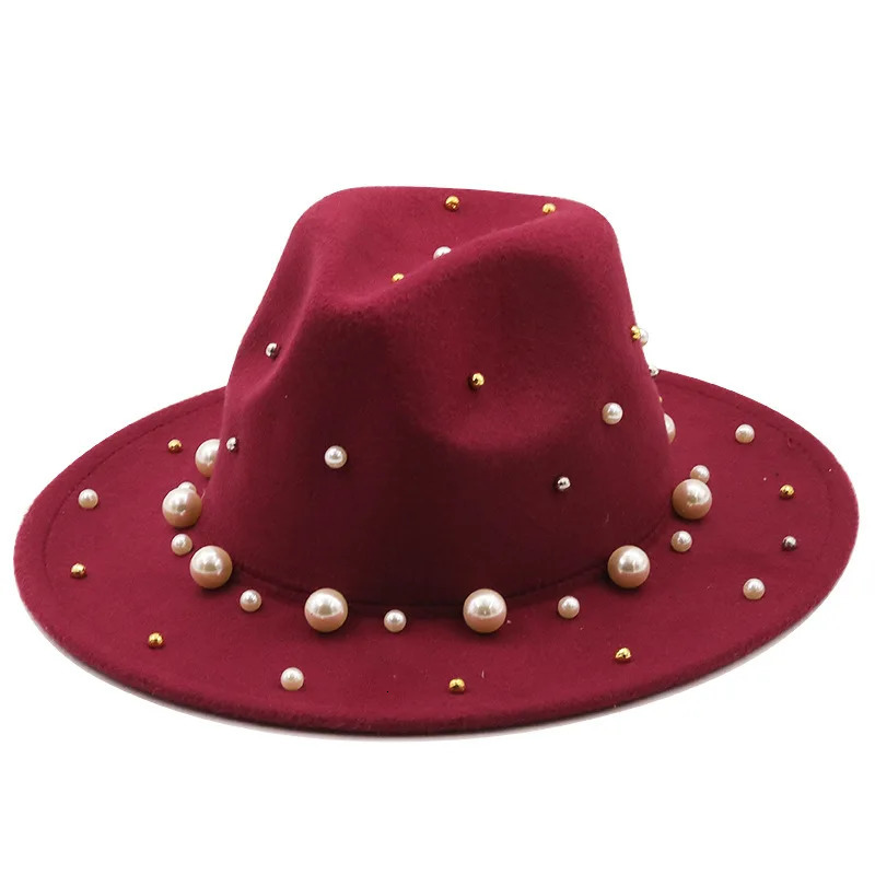 Spring and Autumn Womens Wide Brim Artificial Wool Felt Top Hat Pearl Decoration Jazz Party Wedding Brown Fedora Hat 250325