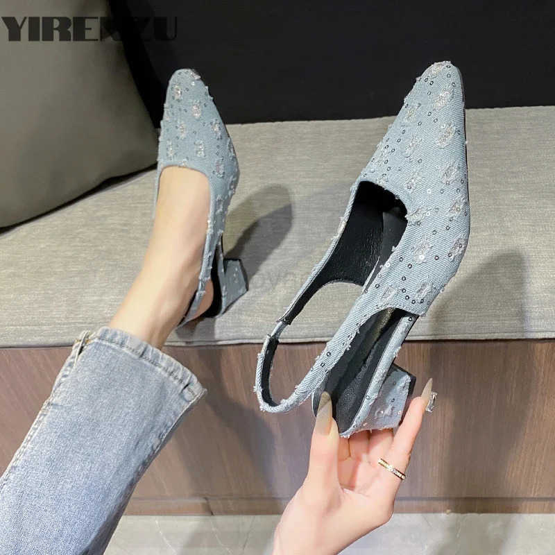 Wen Sea Salt Blue Pointed High Heel Shoes Summer Wan Back Hollow Half ed Single Pumps Fashion Versatile Casual Sandals Z250326