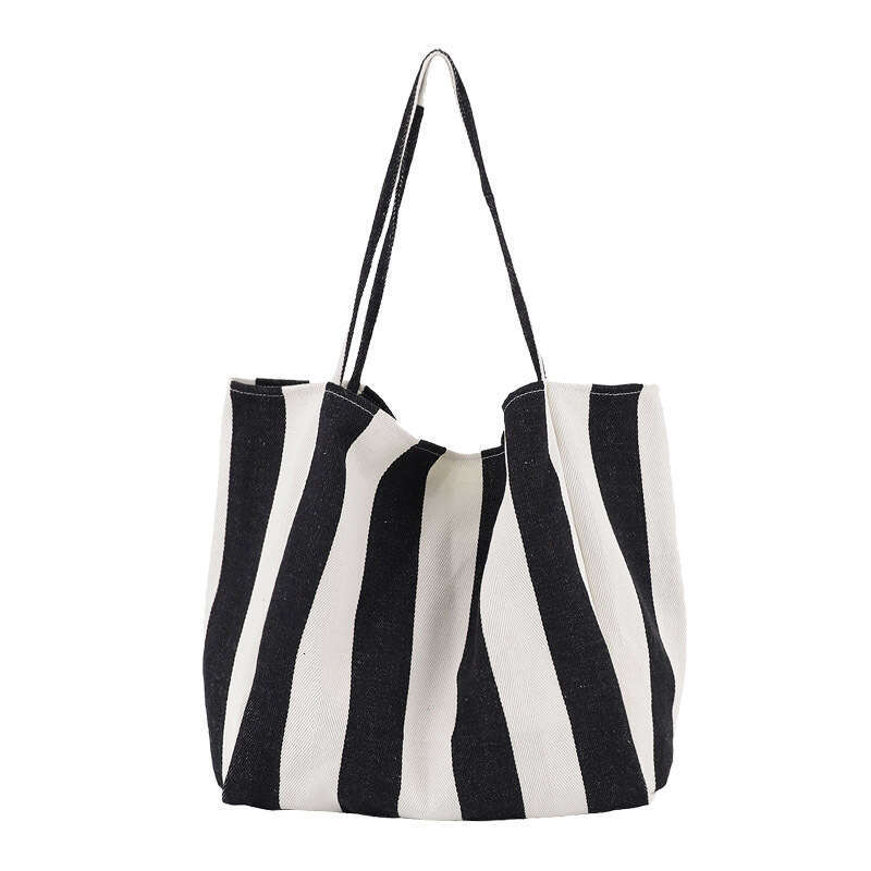 d2 Korean version of artistic handbag, simple fresh striped canvas bag, casual and fashionable, large capacity single shoulder women's bag