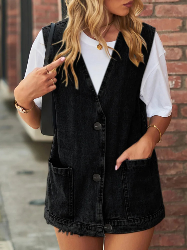 Benuynfy vintage big V-neck denim vest for womens spring and summer washing casual pocket sleeveless denim jacket for womens loose jacket 250320